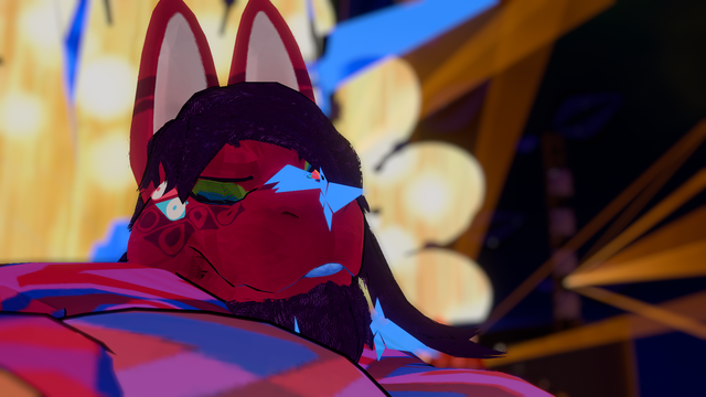 The same catdragon from before, head framed by a "halo" of glowing panels, winking at the camera and sticking out their tongue a tiny bit.