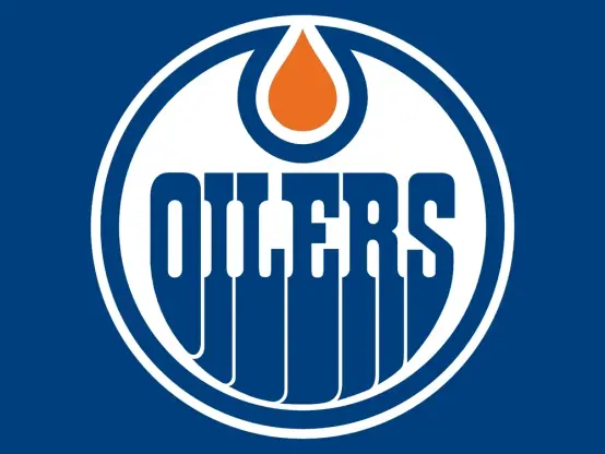 Edmonton Oilers logo. OILERS in blue text in a blue circle, with an orange oil drop hanging above the text