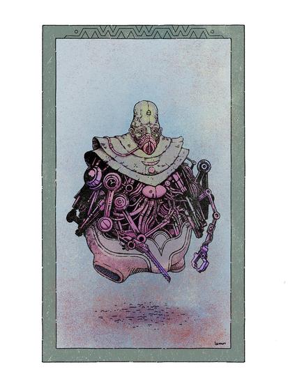 Illustration of a bald cyborg with several mechanical arms, floating.