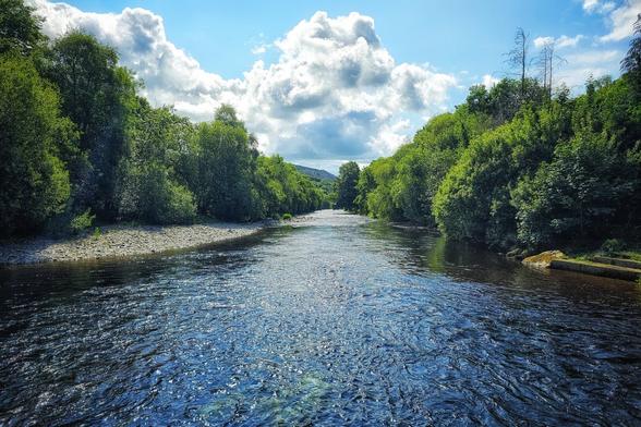 A wide, calm river flows through a lush, green valley under a bright blue sky with fluffy white clouds. Dense trees line both banks of the river, their leaves a vibrant green. On the left bank, a rocky beach is visible. The water reflects the bright sky, creating shimmering patterns.