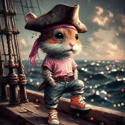 KI-Bild (DALL•E3):

Hamster Holly wie im Tröt beschrieben: er trägt ein rosa T-Shirt, Jeans und orangene Chucks. Und batürlich ein Piratenhütchen mit pinkem Tuch. Das Meer glitzert toll, aber Hollys Blick schweift in die Ferne und seine Gedanken zu Meeps.
