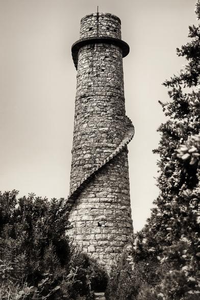A tall, cylindrical stone chimney dominates the frame, rendered in sepia tones, giving it an antique feel. A distinctive spiral staircase made of stone wraps around the exterior of the tower, leading upwards. The tower is surrounded by lush, dark green foliage, with dense trees on both sides of the image framing the structure. The sky above is clear and light, contrasting with the dark textures of the stone and the greenery.