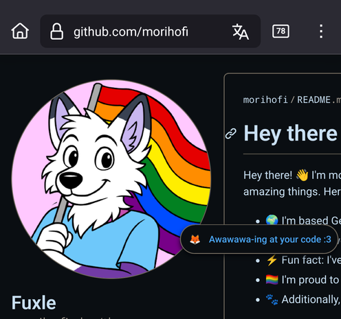 My GitHub profile Status visible with "🦊 Awawawa-ing at your code :3"