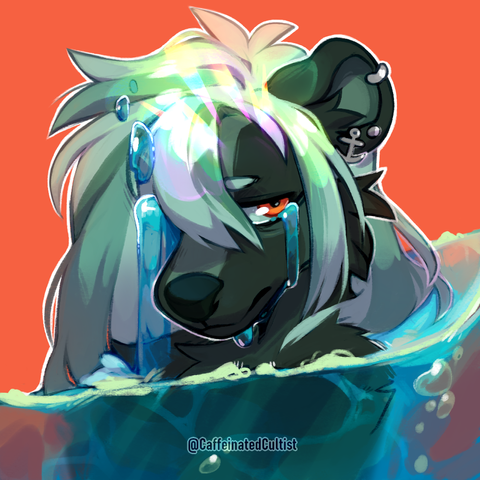digital art of a furry skunk character, drowning in water, and crying. The tears appear to be inverted by gravity. Emotional piece depicts abstract emotions of sorrow.

Artwork by, CaffeinatedCultist