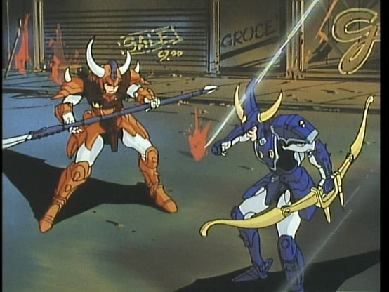 Kento and Rowen in full armor, in a defensive stance on a generic looking city street as something - maybe bullets? - rains down around them. Kento is holding his naginata and Rowen is holding his bow.