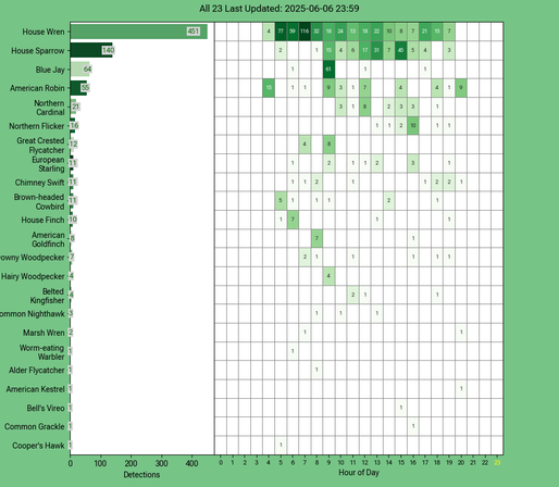 Chart generated by BirdNET-Pi with rows of all detected birds for Friday, June 06, 2025 in decending order.  The first large column displays a bar chart of relative frequency; the 24 reamaining columns create cells with the bird count for each hour of the day shaded by relative count.