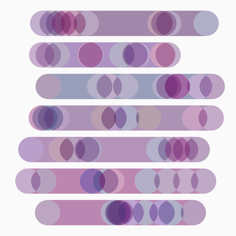 Generative art piece consisting of circles arranged in 7 rows in different pastel shades