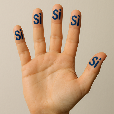 Una mano aperta con 5 si su ogni polpastrello
