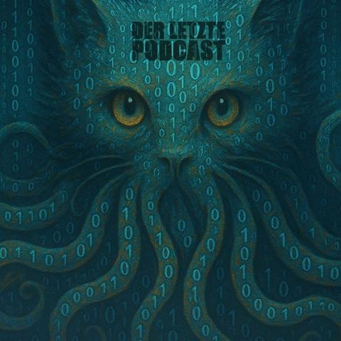 Grafische Darstellung einer Mischung aus H. P. Lovecrafts Cthulhu und einer Katze starrt uns auf diesem Bild an. Überall sind Einsen und Nullen zu sehen. Mit ChatGPT generiertes K.I.-Artwork als Coverbild von "Der Letzte Podcast" Folge 514.