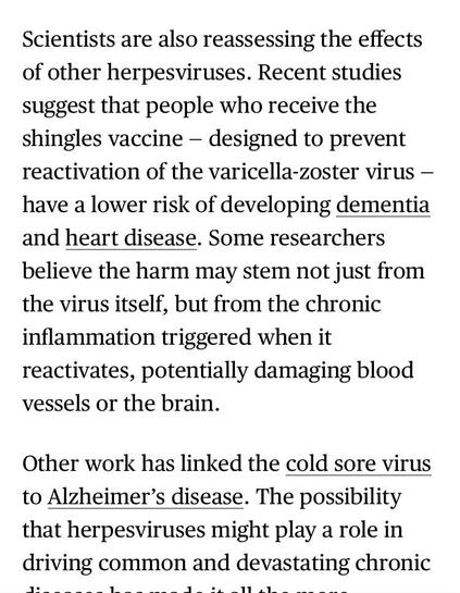 Screenshot from the link in the post I am replying to:
“Scientists are also reassessing the effects of other herpesviruses. Recent studies suggest that people who receive the shingles vaccine - designed to prevent reactivation of the varicella-zoster virus - have a lower risk of developing dementia and heart disease. Some researchers believe the harm may stem not just from the virus itself, but from the chronic inflammation triggered when it reactivates, potentially damaging blood vessels or the brain.
Other work has linked the cold sore virus to Alzheimer's disease. The possibility that herpesviruses might play a role in driving common and devastating chronic  . . .”