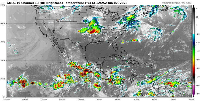 Infrared satellite image of Eastern Pacific & Atlantic regions where colors show cloud top temperatures indicating where storms are likely underneath.