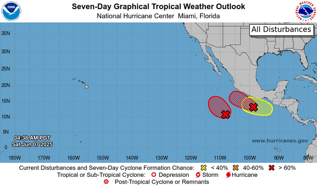 NHC EPAC map for possible future storms next seven days showing areas mentioned above.