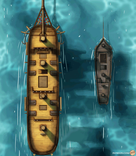 Ship Combat Battle Map by Domille's Wondrous Works. It features a wooden ship in combat with a smaller wooden vessel.