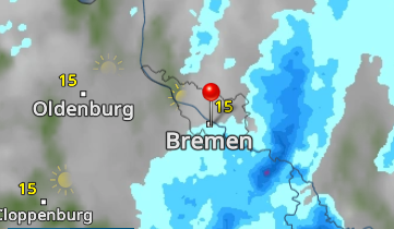 Wetterkarte von Bremen und Umgebung: Ein Regengebiet vom südlichen Teil Bremens bis weiter südlich ist sichtbar, es zieht in der Animation von Südosten nach Nordwesten fast vollständig an Bremen vorbei. Keine Hinweise auf Blitze, Gewitter oder Starkregen.