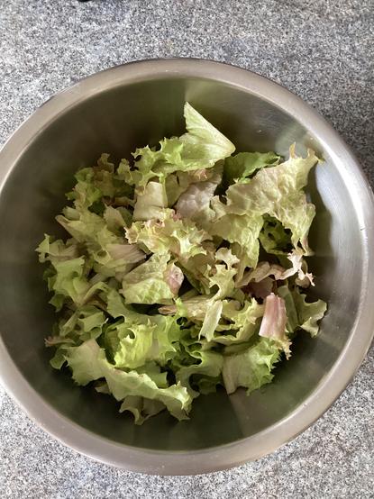 Das Bild zeigt eine Metallschüssel, die auf einem grauen Marmorboden steht. In der Schüssel befindet sich frisches, grünes Salatblatt, das in verschiedenen Größen und Formen zerkleinert ist. Einige Blätter haben ein leichtes Rötchen an den Rändern, was auf eine frische Ernte hinweist. Die Schüssel ist rund und hat eine glänzende Oberfläche, die das Licht reflektiert. Die Salatblätter sind locker verteilt und scheinen frisch gewaschen zu sein. Die Schüssel und der Boden sind sauber und ohne Anzeichen von Verunreinigungen.