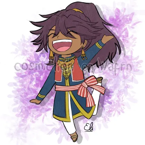 Digital flat color illustration of Prince Soma from Black Butler, drawn in chibi style. He is waving with his left hand while jumping on his right leg with a wide smile. The background is white with a light purple floral pattern.
