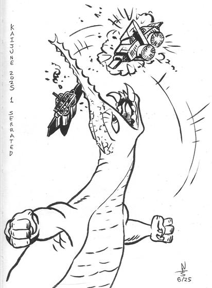 Ink drawing of a giant reptilian monster with a sawfish-style nose crest, slicing a high-tech flying vehicle in half