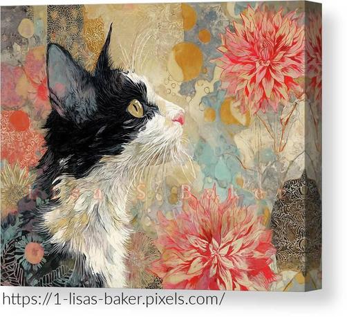 An art print of a  black and white cat looking upward, surrounded by large, vibrant dahlia flowers. The abstract background features swirling, and colorful shapes. Art by Lisa S Baker.