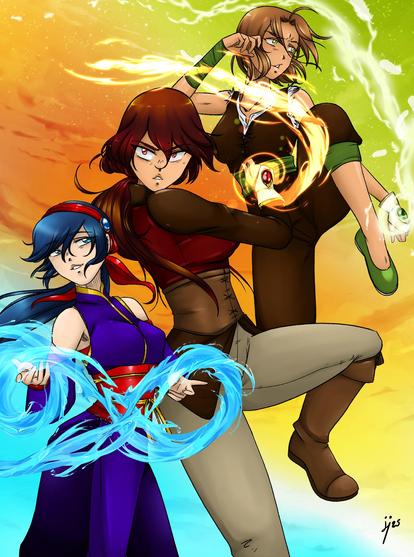 A girl with water magic  (lower left) a girl with fire magic ( middle) and a girl in a fighting stance with wind magic ( top right)