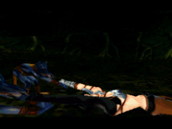 Awful late 1990s polygon rendition of two blue-ish monsters dragging a human woman across the floor