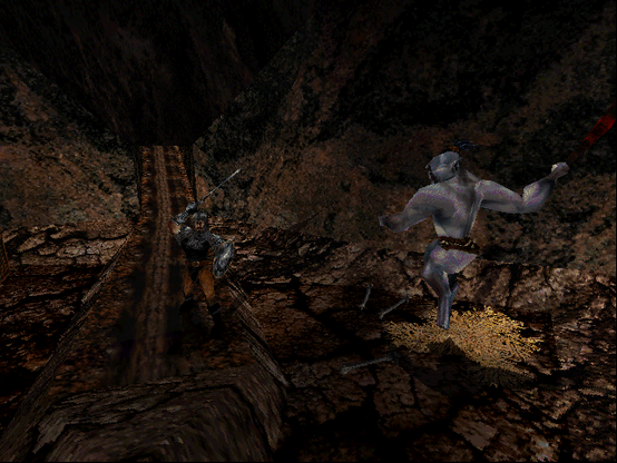 A swordsman raising his sword while standing on the end of train tracks. A bit on the side, a giant blue troll is swinging his cudgel.