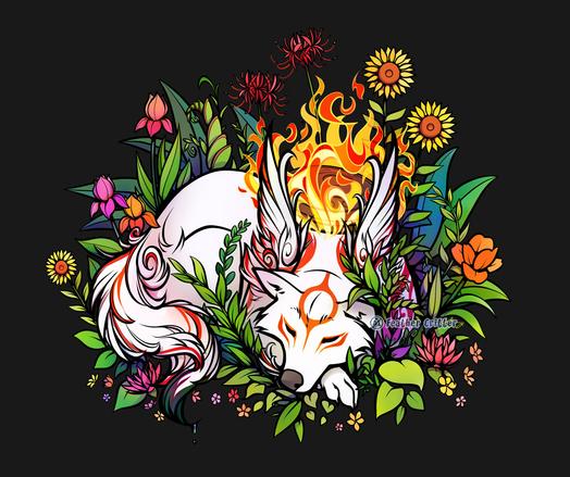 A stylized drawing of Amaterasu from Okami, curled up asleep with lush plants blooming around her.