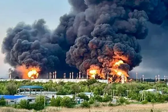 Fuel tanks in the city of Engels in Russia's Saratov Oblast were engulfed in flames after an overnight Ukrainian drone attack on June 6, 2025