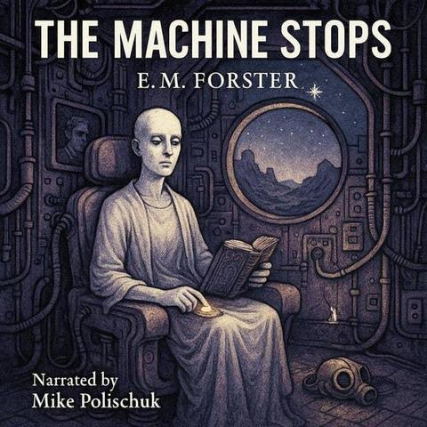 The Machine Stops by E.M. Forster features a subdued, monochromatic palette dominated by purples and greys. A bald, robed figure sits in a high-backed, mechanical-looking chair, reading a book with calm focus. The figure is expressionless, evoking a sense of isolation or detachment. The surroundings are dense with pipes, conduits, vents, and control panels. The background machinery forms a seamless wall, encasing the figure in a completely artificial environment.

Behind the figure, a circular window breaks the mechanical enclosure, revealing a view of distant mountains beneath a star-filled sky. A single eight-pointed star glows prominently near the window’s edge, creating a visual contrast between the cold interior and the distant natural world outside. A faint face in a screen or frame can be seen behind the figure's shoulder—possibly another character viewed remotely, reinforcing themes of disconnection and surveillance.

On the floor in the foreground lies a mask or breathing apparatus, hinting at a need for life support in the environment or possibly a discarded tool of the Machine. The title, THE MACHINE STOPS, is printed in bold, uppercase letters at the top, with "E.M. Forster" directly below in a smaller serif font. At the bottom left, the text reads, "Narrated by Mike Polischuk," indicating this is an audio-book edition. The overall aesthetic conveys a retro-futurist, dystopian tone aligned with the story’s themes of over-reliance on technology.