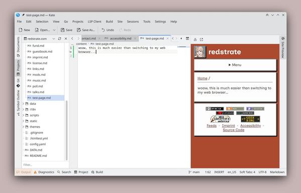 Screenshot of the Kate text editor, open on my personal Hugo website. Not only am I editing the markdown, but there's a preview of it open on the right side - which is created by my plugin.