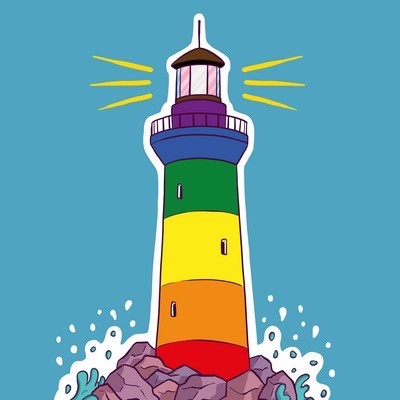 Gezeichneter Leuchtturm. Geringelt in Regenbogenfarben.