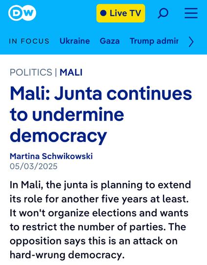 Mali: Junta continues
to undermine
democracy
Martina Schwikowski
05/03/2025
In Mali, the junta is planning to extend
its role for another five years at least.
It won't organize elections and wants
to restrict the number of parties. The
opposition says this is an attack on
hard-wrung democracy.