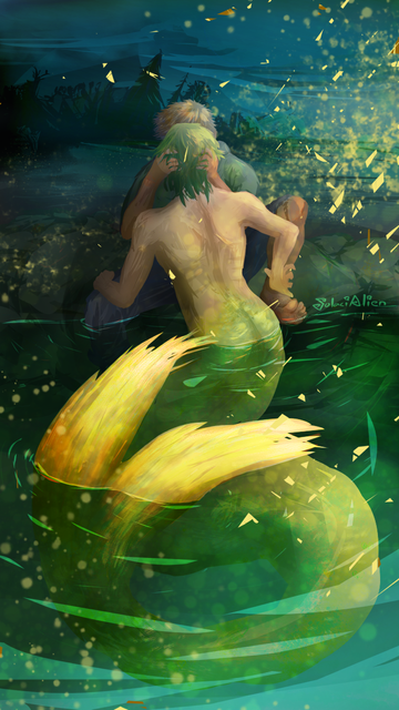 Merman(?) and a human(?) share a romantic moment in the night with weird yellow particles.