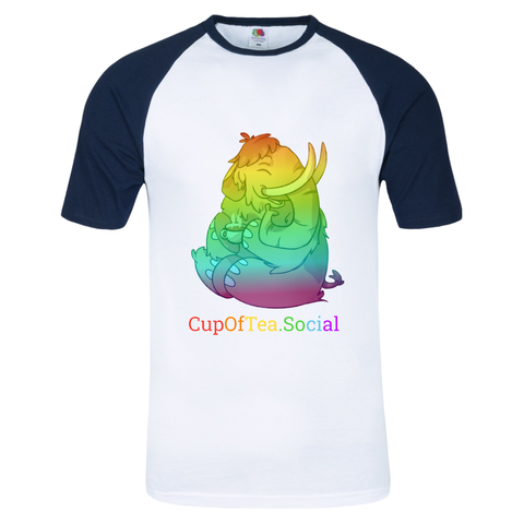 A mastodon and cupoftea.social tshirt in rainbow pride colours on a white and blue shoulder