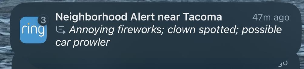 I love ring alerts; I really need to know more about the clowns. #clowns #ring #ringcamera #ringdoorbell #alert #vague #vagueposting #funny #what