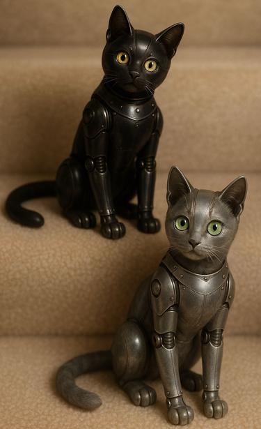 AI generated photo of Chroma and Magic as robots. 

“Use this photo, change the black and grey cat into high quality photorealistic metallic 1950's style robots. Keep their features, make sure they look like cats, keep their colors, blur the background. Take your time to ensure accuracy of the robot form.”
