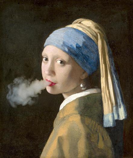 Girl with pearl earring by Johannes Vermeer with smoke from a vape.