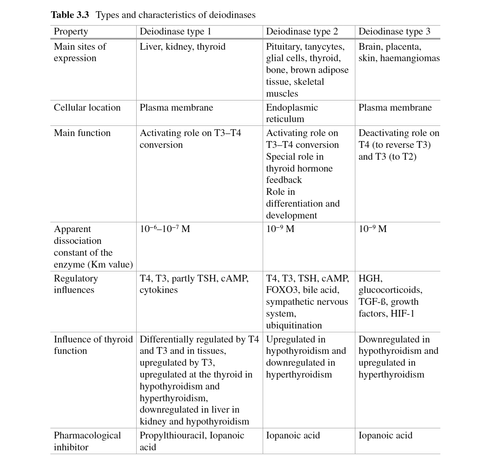 Table from the book "Hypothyroidism – a Paradigm Shift" by Hoermann and Dietrich: Three types of deiodinases mediate step-up and step-down reactions interconverting thyroid hormones and leading to activation and inactivation.