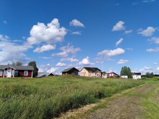 Ein Weg durch Wiesen. Ein paar Häuser und ein blauer Himmel mit ein paar Wolken.