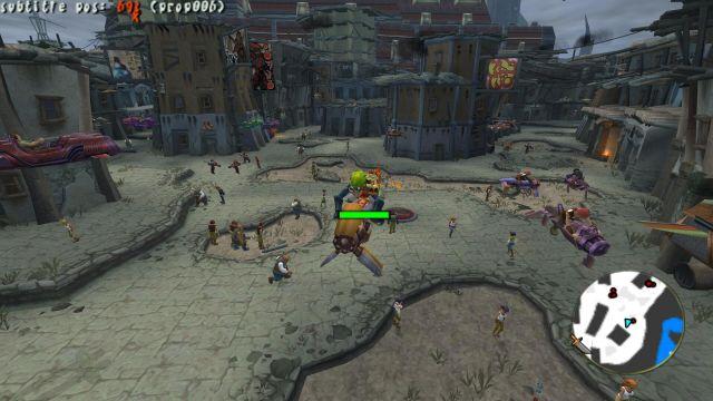 🕶️ A diagonal downward view of Jack and Daxter aboard a flying motorcycle, flying over a village with various passers-by idle in their daily occupations.

📚️ Jak and Daxter series is a PlayStation 2 action-platformer and adventure trilogy published between 2001 and 2004 (Naughty Dog studio) following the eponymous protagonists. Falling into a vat of Dark Eco (the antithesis of White Eco, and the 4th - malignant - variation of this form of energy), Daxter is transformed into an otter. Discovering a time machine, Jak (aka Mar) and Daxter embark on an adventure to restore his human form... OpenGOAL is a reverse-engineering of the game, followed by the writing of a GOAL compiler (the game is written in GOAL, a derivative of Lisp) to produce a libre, multi-platform (Windows & Linux), compatible and modern engine.