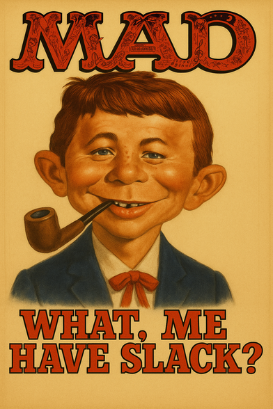 A vintage MAD Magazine parody cover featuring Alfred E. Neuman grinning like a blessed idiot messiah, puffin’ a pipe like J.R. “Bob” Dobbs on lunch break from Slack-jawed salvation. The top screams “MAD” in a chaos-cult font, and below it reads “WHAT, ME HAVE SLACK?”—a holy jab at corporate herdthink and fake productivity prophets. Blessed are the pipe-hitters, for they shall inherit the punchline.