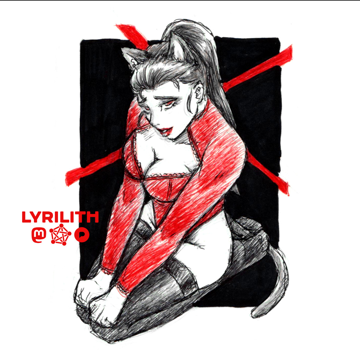 Pen sketch of a young woman sitting on the floor, feet tucked beneath her. She is wearing a red bodysuit that shows her cleavage, black thigh high socks and some black cat ears. Her hair is tied back in a high ponytail. She has her hands placed on her knees, looking up towards the viewer, slightly embarrassed, but enjoying it. For contrast a black rectangle is drawn in the background and a red X on top of it.