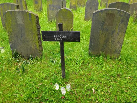 On lush green grass, a number of upright grey grave stone slabs with inscriptions form the work of art. In front of them stands a dark wooden cross with a sign lamenting the death of the 1.5 degrees temperature limit.