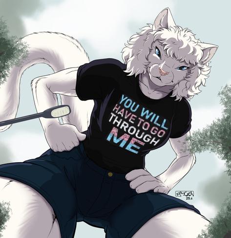Arilin, a giant white cat woman, leaning over the viewer, locking eyes intently. Treetops and a streetlight are in the foreground and clouds are overhead. Arilin wears a T-shirt reading “YOU WILL HAVE TO GO THROUGH ME” in the colors of the trans pride flag.