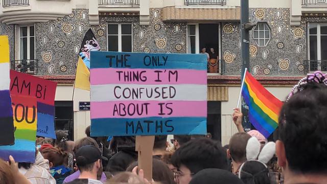 Des personnes défilent dans la rue à l'occasion de la marche des fiertés. On les voit de dos, plusieurs portent des drapeaux ou des pancartes. Sur l'une d'elles, est écrit " the only thing i'm confused about is maths"