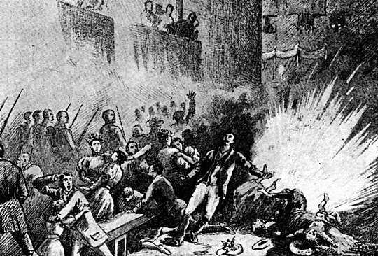 Illustration of the Corpus Christi parade bombing, showing a large flash in a crowd of people. By Unknown author - http://anarcoefemerides.balearweb.net/, Public Domain, https://commons.wikimedia.org/w/index.php?curid=4976150
