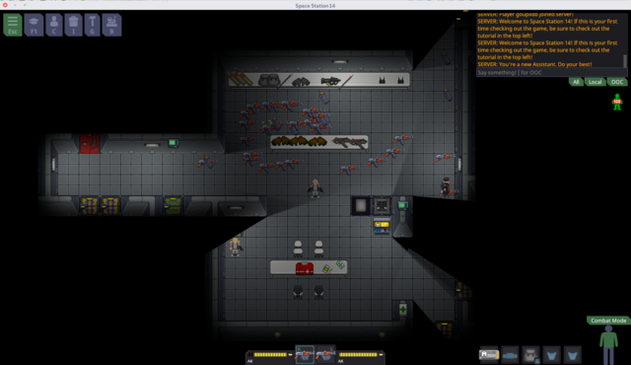 🕶️ A view of his IU with on the main part, a top view where the protagonist - in the center, has just tested and abandoned on the ground many AK47 (he still holds one in each hand) in a futuristic room with other equipment laid on tables (first aid kits, weapons, gloves, bags, ....). At the bottom center a small interface shows the weapons carried and their loading status. At the top left, buttons to access the menus, at the top right a log window, and at the bottom right a small interface summarizing the equipment carried.

📚️ Space Station 14 is a libre, multi-platform online sandbox action RPG (derived from the game Space Station 13, which it improves and liberates) where players live aboard a space station, all with great freedom of action and scenarios (depending on the servers). Some players play as members of the space station, with different roles assigned, others are assigned antagonistic roles, with the objective of disrupting the station's mission. It can also be played as a simple shooter on the same station! Excellent!