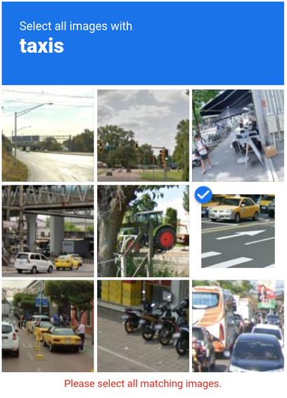 Many boxes  telling me to select taxis, but only one is a taxi, th eothers are yellow cars or other cars
