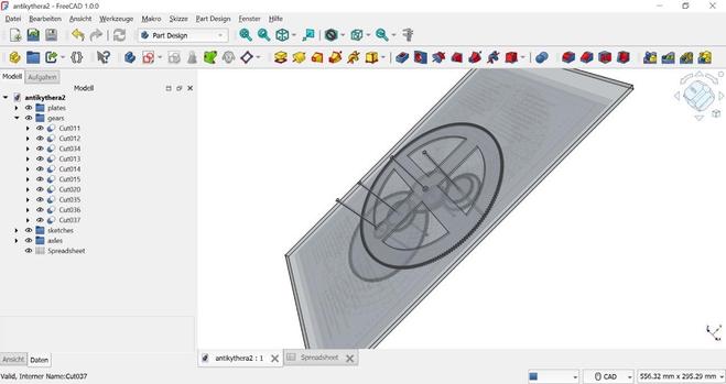 CAD software with the outlines and the first gearwheels of the historical Antikythera Mechanism (screenshot).