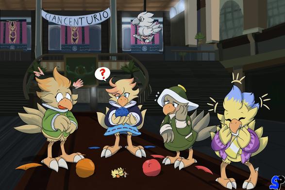 A group of Chocobos reacting to Moogle parts that are on the ground below them. Another Chocobo, off to the side, snickering about the predicament the other Chocobo are in. With a tiny sparkling Chocobo doll on the ground and a crystalized Chocobo statue hanging above them all.