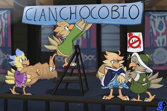 The same group of Chocobo are lounging around the clan area now.
Decorated to fit to better fit Chocobos. With a little sign off to the side that has a picture of a Moogle with a "No" symbol on it.
One Chocobo hangs up a sign that reads, "Clan Chocobio".
One Chocobo looks up tot he sign with delight while carrying a pile of hay. The two other Chocobos are having a conversation with glee.